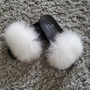 Lynae Luxeries 7 Slides Slippers Furry Fluffy Fuzzy White